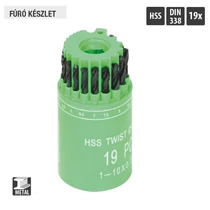 Lev fúrószár, fémcsigafúró készlet DIN 338 HSS 1,00- 10,00mm, 19 részes, hengerelt, fém