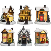 Dekoráció MagicHome Karácsony, házikó, polirezin, 1xLED meleg fehér, 6x6x8 cm, 2xLR44, vegyes minták