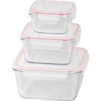 Doboz MagicHome, 3 darabos készlet, üveg, négyzet alakú, fedéllel, 450/1000/1900 ml