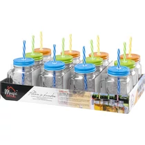 Pohár MagicHome, üveg, szívószállal, színes fedéllel, 480 ml, Sellbox 12 db