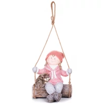 Figura MagicHome Karácsonyi, Kislány hintán sündisznóval, függő, kerámia, 31,5x28x36 cm
