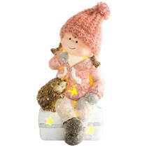 Figura MagicHome Karácsonyi, Kislány sámlin ülve sündisznóval, 1 LED, polirezin, 10,5x10,5x19,5 cm