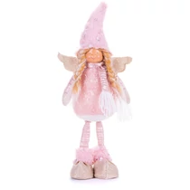 Figura MagicHome, karácsonyi, angyal szőke copfokkal, szövet, rózsaszín-barna, álló, 17,50x10x44 cm