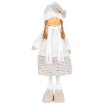 Figura MagicHome Karácsonyi, Kislány fehér sapkában, fehér-arany, szövet, 30x19x79 cm