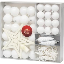 Gömbök MagicHome Karácsony, készlet, 50 db, 4-5 cm, fehér, csillag, girland, toboz, karácsonyfára
