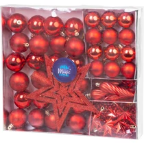 Gömbök MagicHome Karácsony, készlet, 50 db, 4-5 cm, piros, csillag, girland, toboz, karácsonyfára