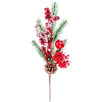 Ág MagicHome Karácsony, bogyókkal és tobozzal, piros, havas, 32 cm