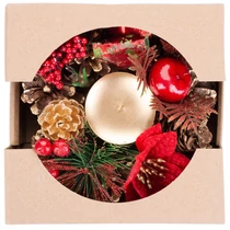 Gyertyatartó MagicHome Karácsonyi, fenyőággal és virággal, természetes, 15 cm