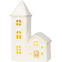 Dekoráció MagicHome, Házikó templommal, LED, fehér, porcelán, 11,2x5,5x17,4 cm