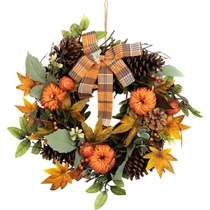 Koszorú MagicHome Nature, őszi, narancssárga, masnival, 35 cm