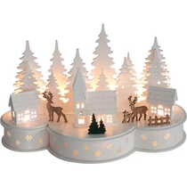 Dekoráció MagicHome Karácsony, falu szarvasokkal, 10 LED meleg fehér, 2xAA, MDF, 30x14x19,5 cm
