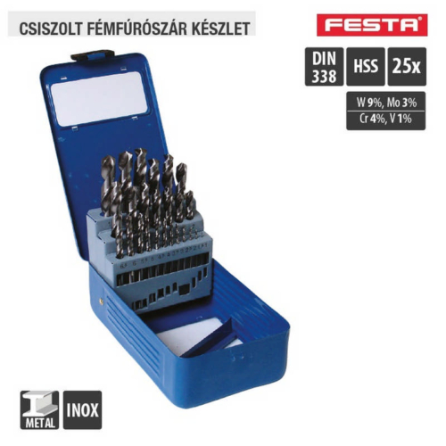 Lev Festa fúrószár, fémcsigafúró készlet DIN 338 HSS 1,00- 13,00mm, 25 részes, csiszolt, fém-inox