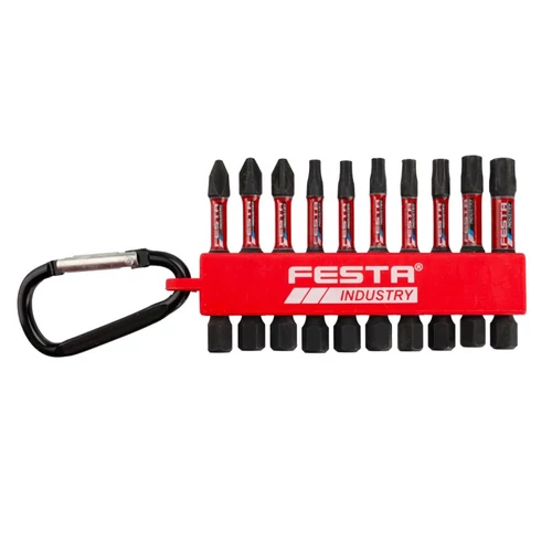 Lev Torziós bitkészlet FESTA INDUSTRY PH-PZ-TORX S2 1/4" 50 mm 10 db-os készlet, karabíneres műanyag tokban