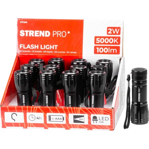Zseblámpa Strend Pro Flashlight FL004, COB 100 lm, alumínium test, 3xAAA, csomag 12 db