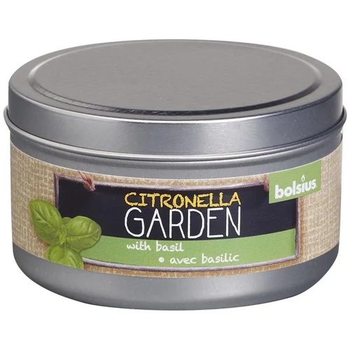 Gyertya Bolsius Jar Citronella, rovarriasztó, bazsalikom, fém dobozban