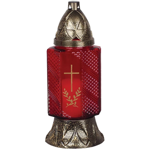 Mécses Grave, piros üveg, kereszttel, réz, 28 óra, 80 g, 24 cm, sírra