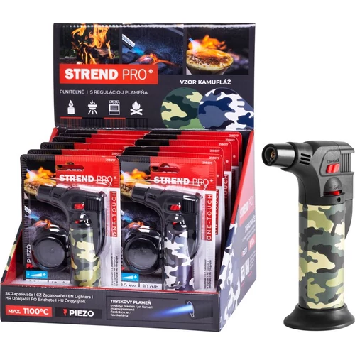 Öngyújtó Strend Pro Mini, állvánnyal, kamuflázs, újratölthető, 75x45x120 mm, Sellbox 12 db