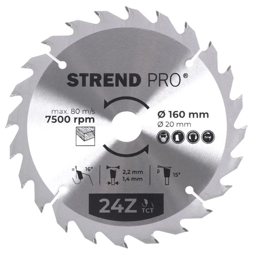 Tárcsa Strend Pro TCT, 160x2.2x20/16 mm, 24T, fához, fűrész, SK lapkák