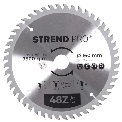 Tárcsa Strend Pro TCT, 160x2.2x20/16 mm, 48T, fához, fűrész, SK lapkák