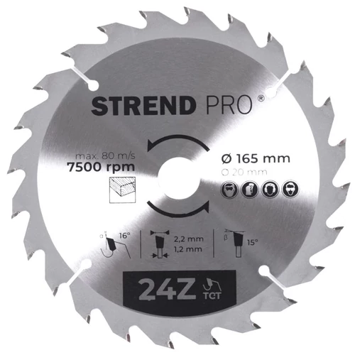 Tárcsa Strend Pro TCT, 165x2.2x20/16 mm, 24T, fához, fűrész, SK lapkák