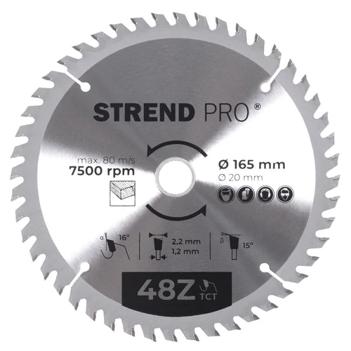 Tárcsa Strend Pro TCT, 165x2.2x20/16 mm, 48Z, fához, fűrész, SK lapkák