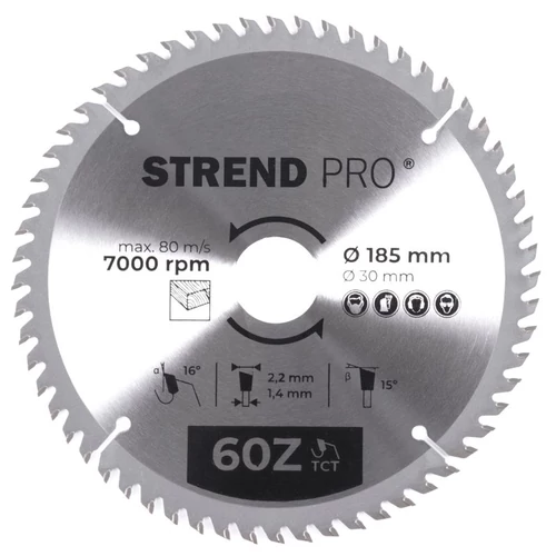 Tárcsa Strend Pro TCT, 185x2.2x30/20 mm, 60T, fához, fűrész, SK lapkák