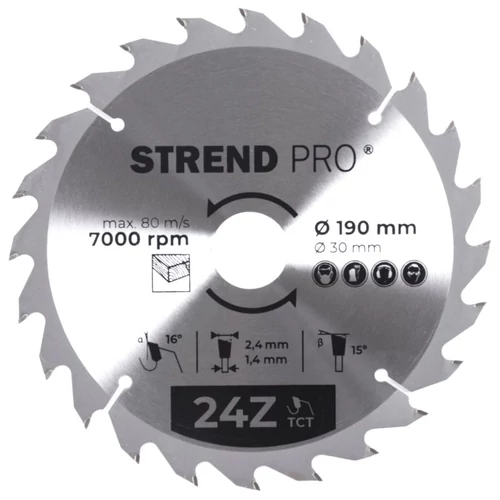 Tárcsa Strend Pro TCT, 190x2.4x30/20 mm, 24T, fához, fűrész, SK lapkák