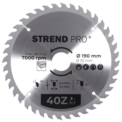 Tárcsa Strend Pro TCT, 190x2.4x30/20 mm, 40T, fához, fűrész, SK lapkák