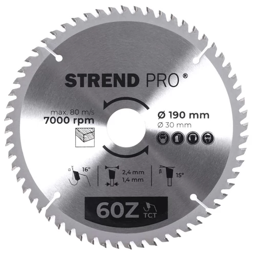 Tárcsa Strend Pro TCT, 190x2.4x30/20 mm, 60T, fához, fűrész, SK lapkák