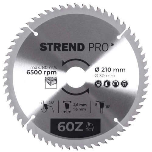 Tárcsa Strend Pro TCT, 210x2.6x30/20 mm, 60T, fához, fűrész, SK lapkák