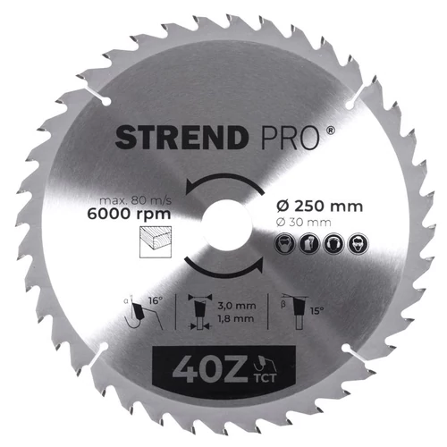 Tárcsa Strend Pro TCT, 250x3.0x30/20 mm, 40T, fához, fűrész, SK lapkák