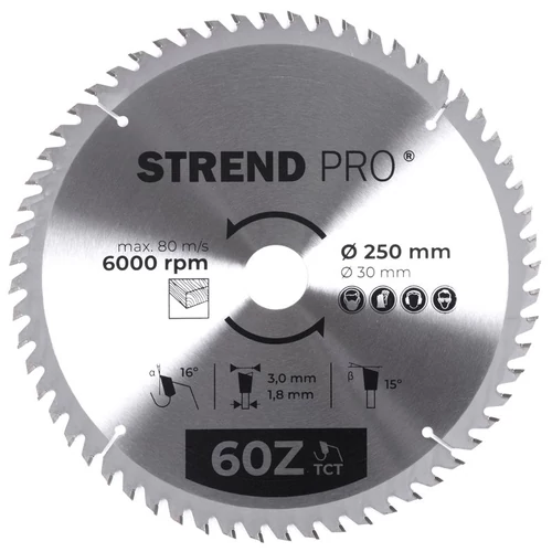 Tárcsa Strend Pro TCT, 250x3.0x30/20 mm, 60T, fához, fűrész, SK lapkák