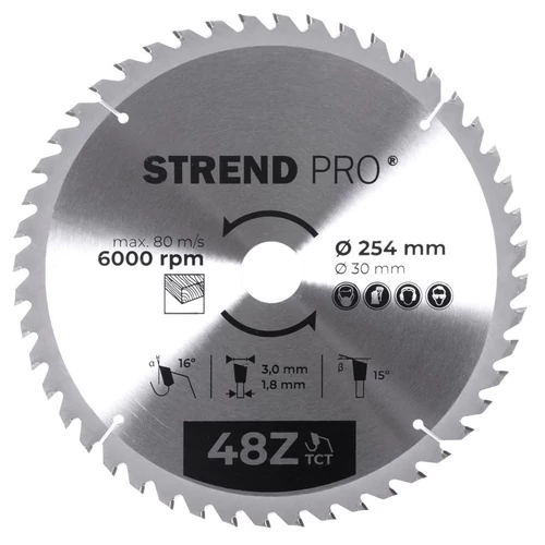 Tárcsa Strend Pro TCT, 254x3.0x30/20 mm, 48T, fához, fűrész, SK lapkák