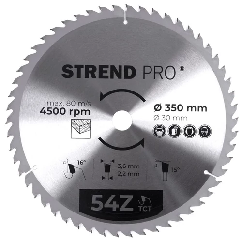 Tárcsa Strend Pro TCT, 350x3.6x30 mm, 54Z, fához, fűrész, SK lapkák