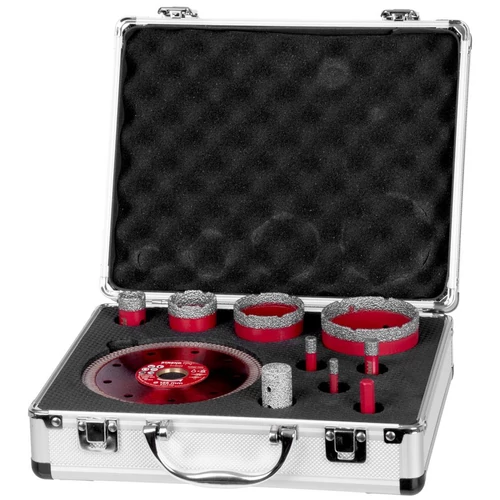 Lyukfúró készlet Strend Pro Premium, 6-8-10-20-35-50-68 mm, adapter, lyukbővítő maró, tárcsa, M14, g