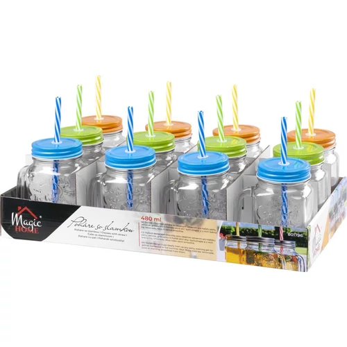 Pohár MagicHome, üveg, szívószállal, színes fedéllel, 480 ml, Sellbox 12 db