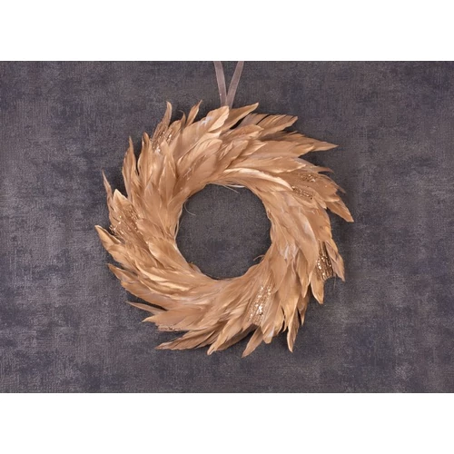 Koszorú MagicHome, karácsonyi, tollas, arany, függő, 35 cm
