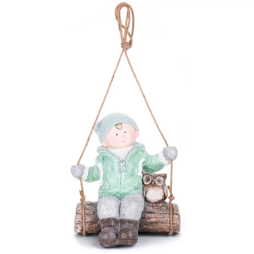 Figura MagicHome, karácsonyi, fiú hintán bagollyal, függő, kerámia, 34,5x25,5x39,5 cm