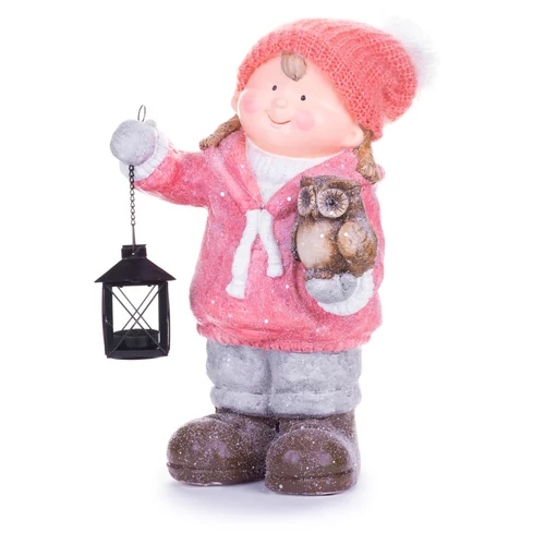 Figura MagicHome Karácsonyi, Kislány lámpással és bagollyal, kerámia, 28x18,5x39,5 cm