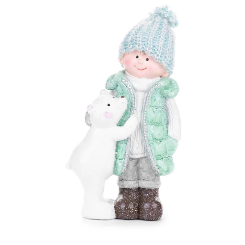 Figura MagicHome, karácsonyi, fiú mackóval, kerámia, 12,5x7x22 cm