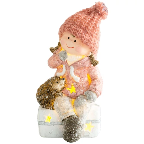 Figura MagicHome Karácsonyi, Kislány sámlin ülve sündisznóval, 1 LED, polirezin, 10,5x10,5x19,5 cm