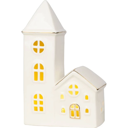 Dekoráció MagicHome, Házikó templommal, LED, fehér, porcelán, 11,2x5,5x17,4 cm