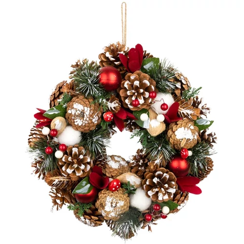 Koszorú MagicHome, karácsonyi, függő, természetes, fenyőágakkal és légyölő galócákkal, 30 cm