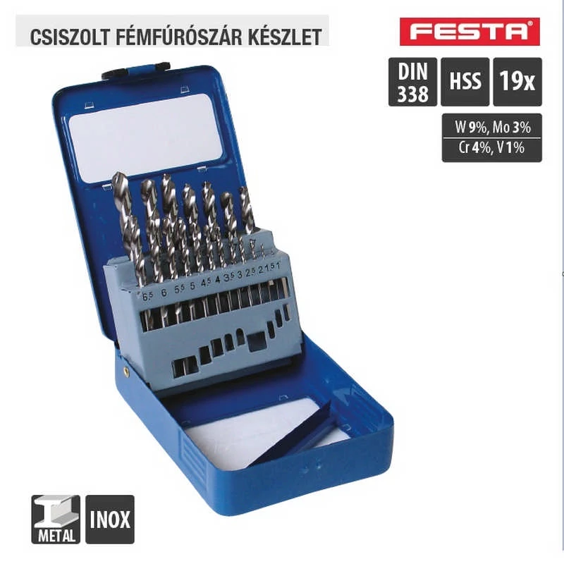 Lev Festa fúrószár, fémcsigafúró készlet DIN 338 SHSS 1,00- 10,00mm, 19 részes, csiszolt, fém-inox