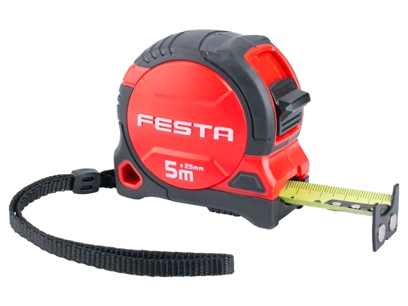 Lev Festa mérőszalag 5mx19mm, mágneses, 3x fék, gumirozott, bezáró, CE II. oszt.
