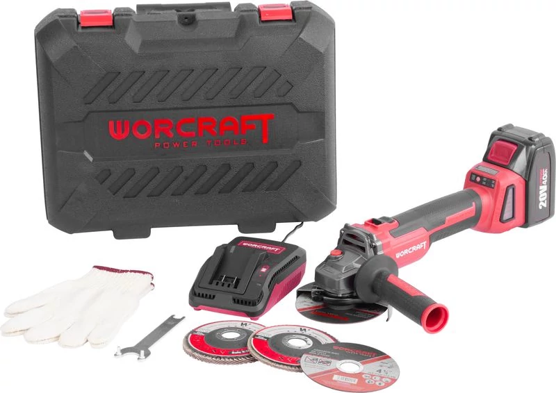 Csiszoló Worcraft CAG-S20LiBH ShareSYS, 115 mm, sarok, készlet kofferben, akkumulátorral és töltővel