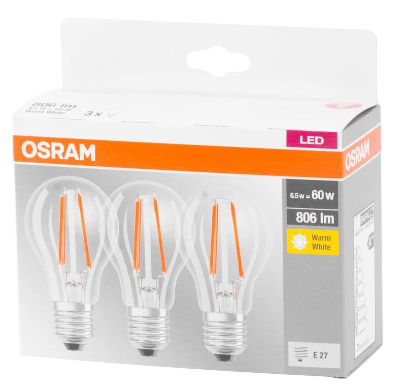 Izzó OSRAM® BASIC LED FR 60 (ean9351), nem szabályozható fényerejű, 6,5W/827 E27 2700K MULTIPACK, St