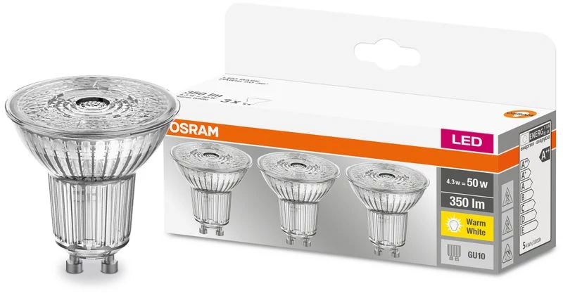 Izzó OSRAM® BASIC LED GU10 50 (ean8415), 36°, 4,3W/840 4000K MULTIPACK, üveg, Star CLASSIC