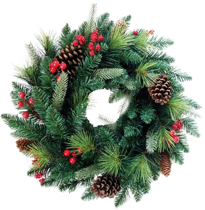 Koszorú MagicHome, karácsonyi, bogyós, természetes, fenyőágakkal és tobozokkal, 45 cm