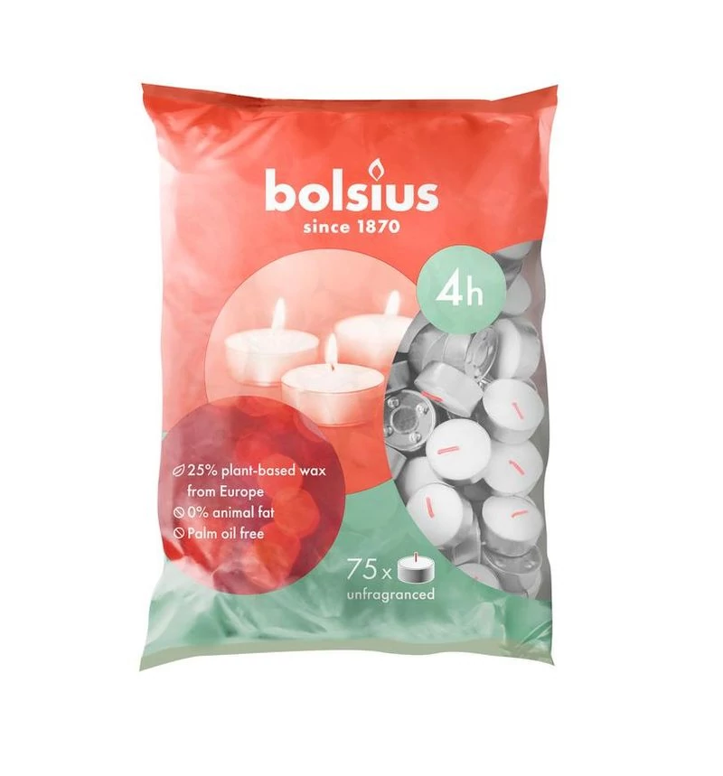Gyertya Bolsius, mécses, 4 óra, fehér, csomag 75 db